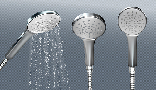 Shower head with water spray isolated on transparent . Vector realistic mockup of metal sprinkler with hose and falling drops. Equipment for douche and bath