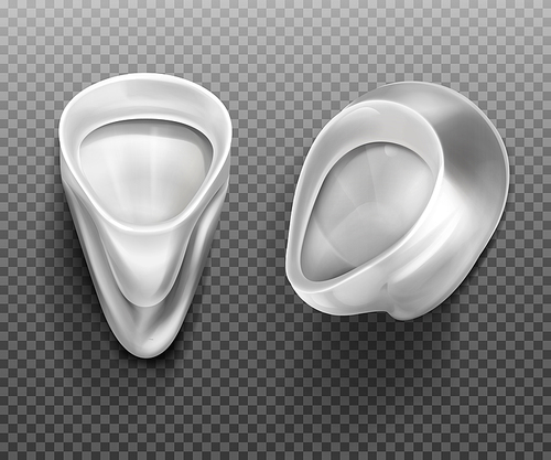 Ceramic urinal in male toilet front and side view. Equipment for public restroom for men, white pissoir washroom, lavatory, WC plumbing isolated on transparent  realistic 3d vector icons