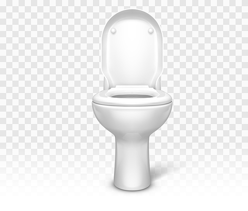 Toilet with seat. White ceramic lavatory bowl with open lid front view mockup template for interior design isolated on transparent . Realistic 3d vector illustration, clip art