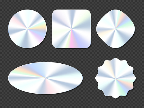holographic stickers, hologram labels of different shapes. round, square, oval, rhombus and wavy iridescent foil or silver colored blank  shiny emblems, realistic 3d vector illustration, set