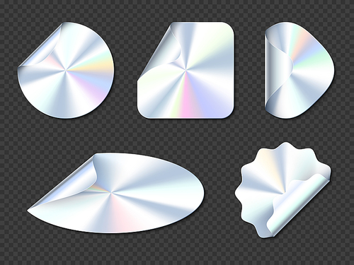 holographic stickers, hologram labels with curl edges. round, square, oval, rhombus and wavy iridescent foil or silver colored blank  shiny emblems or patches, realistic 3d vector icons set