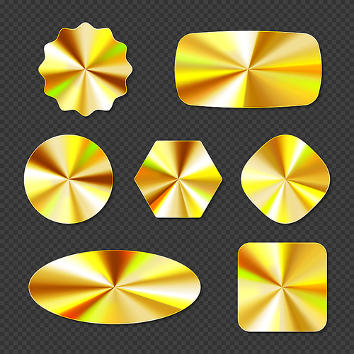 Gold holographic stickers, hologram labels different shapes. Round, square, oval, rhombus, hexagon and wavy iridescent foil or golden colored blank shiny emblems, Realistic 3d vector illustration, set