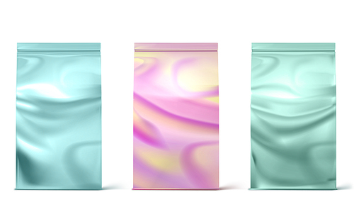 Holographic package, doy packs, pouch paper or foil bags front view. Hologram sachet with clip isolated on white . Food or cosmetics product blank mock up. Realistic 3d vector illustration