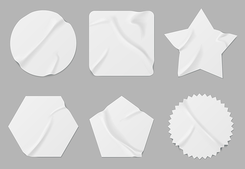 White stickers or patches mockup. Blank shrunken labels of different shapes round, square, star, pentahedron and hexahedron or notched circle wrinkled paper emblems, Realistic 3d vector icons set