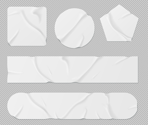 White paper stickers, adhesive patches and tapes. Blank crumpled labels different shapes isolated on transparent . Vector realistic set of sticky tags and labels with folds