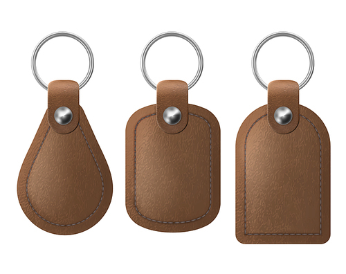 Leather keychains, brown keyring holders set with metal rings. Accessories or souvenir trinkets for home, car or office isolated on white . Realistic 3d vector illustration, icon, mockup