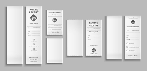 Parking receipts 3d vector templates, paper pay check for car park service, payment transaction blank and filled cards with date and time isolated mockup on grey  realistic illustration, set