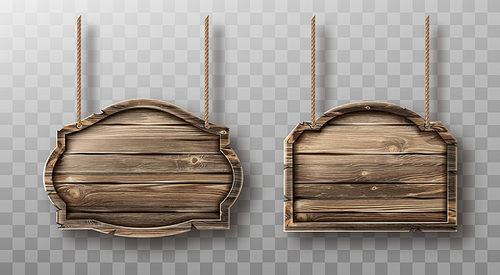 Wooden boards hang on ropes set. Realistic signboards with wood texture, banners or labels for bar or saloon in rustic style. Blank vintage plank panels for menu or pub entrance 3d vector illustration