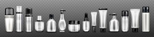 Silver cosmetic bottles, jars and tubes for cream, spray, lotion and beauty products. Vector realistic mockup of blank glass and plastic golden package with black cap isolated on transparent background