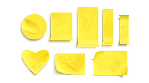 Yellow paper stickers, crumpled sticky notes. Vector realistic set of empty glued labels with curl corners. Circle, rectangle and heart shape adhesive tags isolated on white 