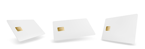 Blank plastic credit card template. Vector realistic mockup of empty white banking, shopping or discount card with chip in perspective view isolated on white 