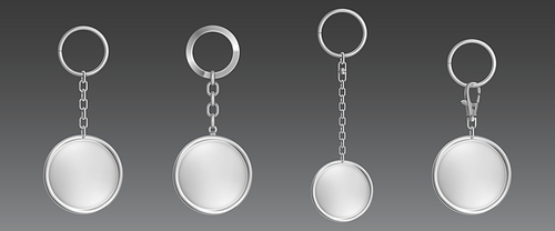 Silver keychain, holder trinket for key with metal chain and ring. Vector realistic template of steel fobs round circle shape isolated on transparent . Blank accessory for corporate identity