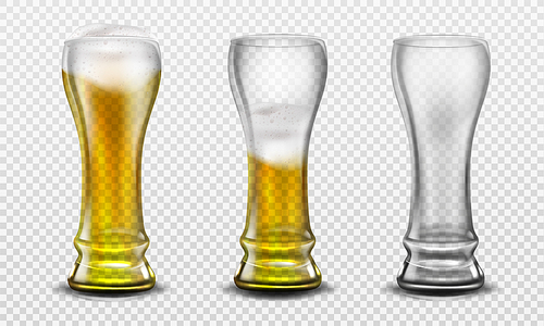 Tall glass full of beer, half full and empty. Vector realistic set of clear mug with gold frothy drink with white foam and bubbles. Mockup of glass with lager beer isolated on transparent 