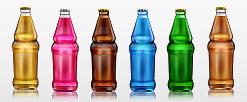 Glass bottles with different drinks, beer, soda and lemonade. Vector realistic set of beverages in bottles of clear, brown and green glass with metal cap isolated on white 