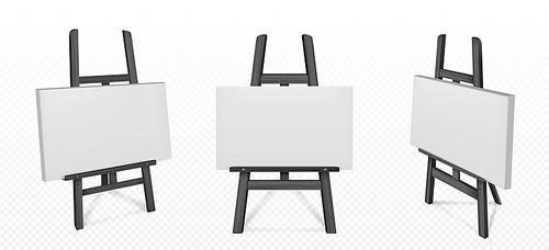 black wooden easel with white canvas in front and angle view. vector realistic mockup of wood stand with blank board for paintings, tripod for drawing art isolated on transparent