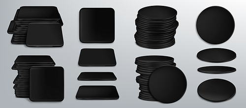 Black coasters for beer cups or tankards, blank cardboard mats for mug of square and round shapes. Beermat stack, bierdeckel in top and side view isolated on grey background realistic 3d vector mockup