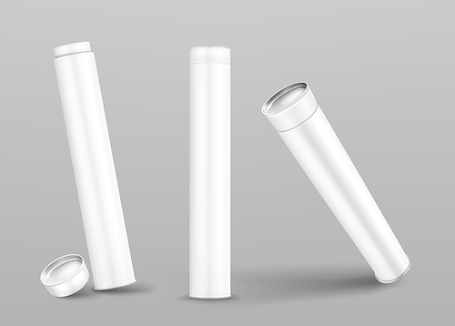 Kraft tube boxes mockup, closed and open cardboard cylinders of white color, blank containers for drawing or branding made of craft paper isolated on grey , Realistic 3d vector mock up set
