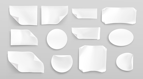 White paper stickers or crumpled glued patches mockup. Blank shrunken labels of different shapes round, square, oval and rectangular wrinkled emblems with curve edges, Realistic 3d vector icons set