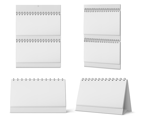 Desktop and wall calendars with spiral and blank pages isolated on white . Vector realistic mockup of white paper calender, office planner or notepad standing on table or hanging on wall