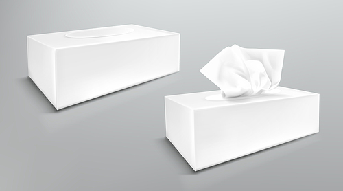 Paper napkin box mockup, close and open blank packages with tissue wipes side view. Hygiene accessories, white carton packages isolated on grey , realistic 3d vector illustration, mock up