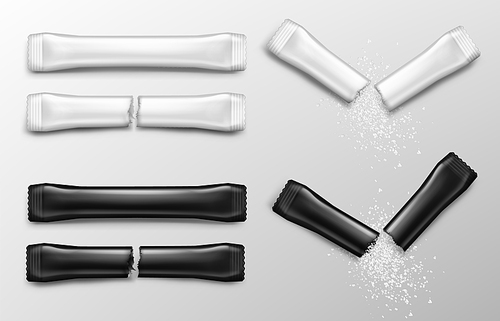 Sugar sticks for coffee in white and black packs. Vector realistic mockup of blank paper sachet with sugar or salt front view. Torn packet with falling white granules
