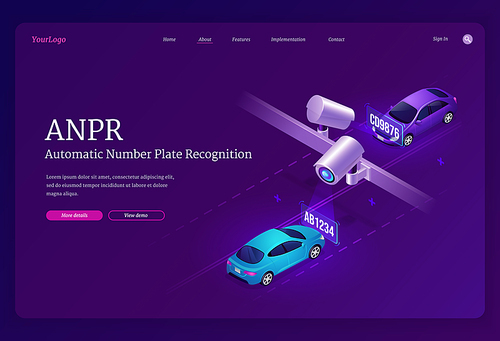 ANPR technology isometric landing page. Automatic number plates recognition, car registration and speed detection. Location tracking radar and road traffic rule violation cameras 3d vector web banner
