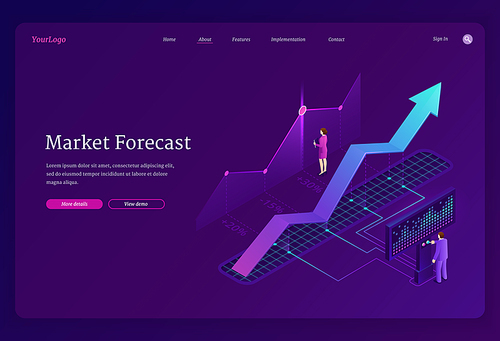 Market forecast banner. Economy analysis, financial strategy, research business opportunities. Vector landing page with isometric illustration of charts, growth graph and people