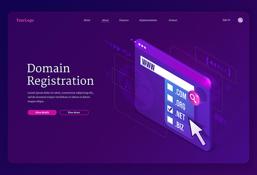 Domain registration isometric landing page. Website hosting concept with digital device screen and names list for online store, blog or business services on purple background, 3d vector web banner