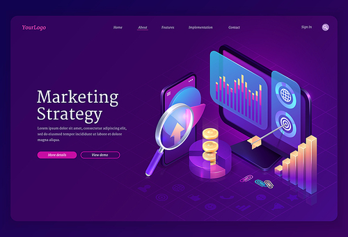 Marketing strategy isometric landing page. Business concept with computer desktop and smartphone with data analysis finance graphs, magnifying glass, coins and target with arrow, 3d vector web banner