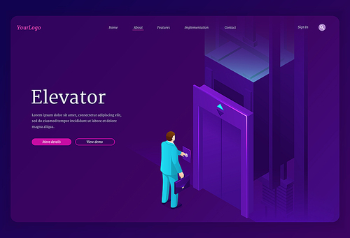 Elevator isometric landing page. Businessman character push button call passenger lift, man stand at closed doors in multistorey house, business center, office or mall building, 3d vector web banner