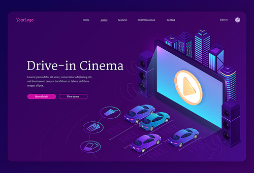 Drive-in cinema banner. Outdoor movie theater with cars on open air parking. Vector landing page of street auto cinema with isometric illustration of big screen, automobiles and city