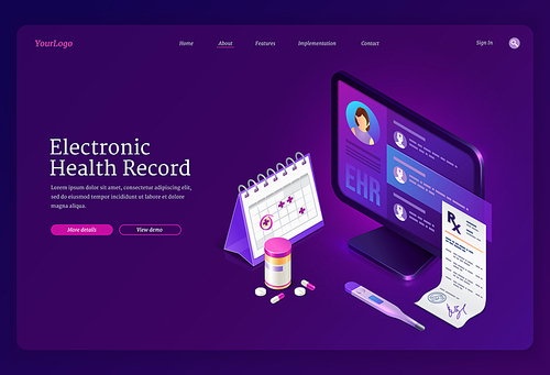 Ehr, electronic health record isometric landing page. Innovative medicine technology, electronically stored information database, pc with patient profile and pills, telehealth, 3d vector web banner