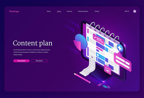 Content plan banner. Service for organization work in social media, optimization tasks, marketing management. Vector landing page with isometric computer screen with planner