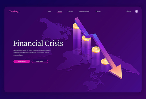 Financial crisis isometric landing page. Decline arrow chart at coins and world map. Stock market economy crash. Global finance problems with money, bankruptcy, recession graph, 3d Vector web banner