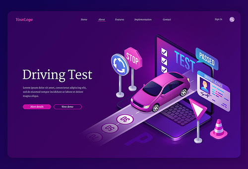 Driving test banner. Education in driver school, online quiz and pass exam. Vector landing page with isometric illustration of laptop with test, car on road, traffic cone, signs and id card