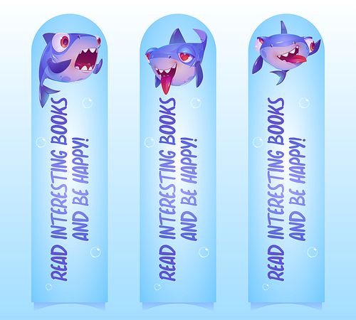 Bookmarks with funny shark character underwater in sea. Vector vertical banners with cartoon illustration of cute predator fish smiles, greeting, crazy and in love