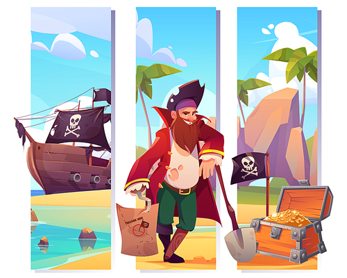 Bookmarks with pirate on island beach, treasure chest and ship with black flag with skull and crossbones. Vector vertical banners with cartoon of corsair, sea beach and wooden box with gold coins