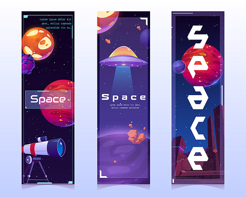 Space bookmarks with alien planets, spaceship and telescope on cosmos background. Vector vertical banners with cartoon illustration of dark sky with stars and ufo rocket