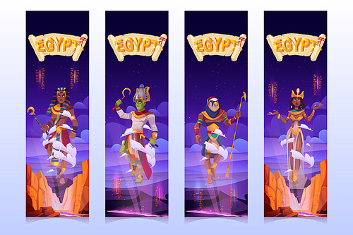 Egyptian gods cartoon vertical banners, Amun Ra, Horus, Pharaoh and queen Cleopatra ancient Egypt deities in royal clothes holding divine power staffs floating in air above rocks, vector illustration
