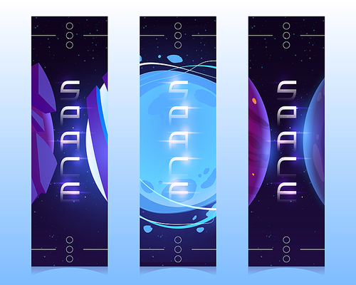 Space bookmarks with alien planets on galaxy background. Vector vertical banners with cartoon illustration of dark sky with stars, moon and planets in cosmos