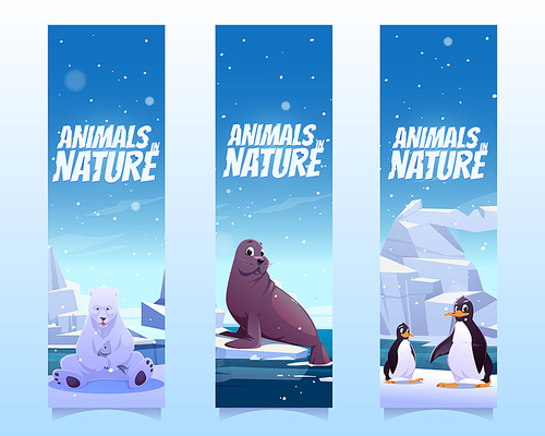 Bookmarks with penguins, polar bear and seal on floe in sea. Vector vertical banners of animals in nature with cartoon illustration of wild animals of Antarctica, North pole and Alaska