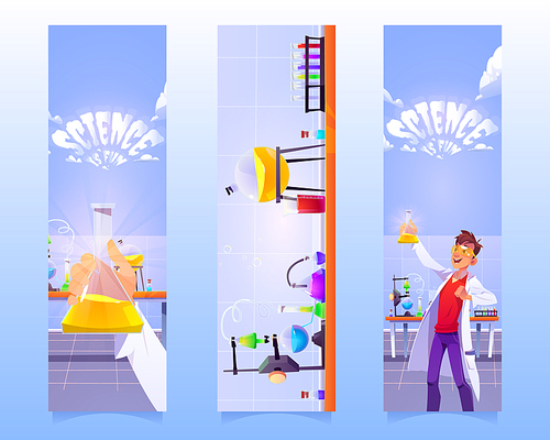 Bookmarks with man with flask in chemical laboratory. Vector vertical banners of education presentation of scientific research. Cartoon illustration of science lab for study and chemistry experiments