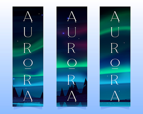 Aurora borealis, northern lights in arctic night sky with stars on bookmarks. Vector vertical banners with cartoon winter landscape with lake, silhouettes of trees and polar lights
