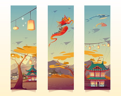 Chinese festival with lanterns and flying kites in shape of dragon and fish. Vector vertical banners or bookmarks with cartoon illustration of village with traditional houses in China