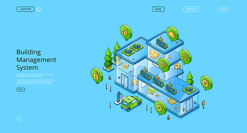 Business management system isometric landing page, computer-based control installed in buildings that managing and mechanical and electrical equipment, home automation, 3d vector line art web banner