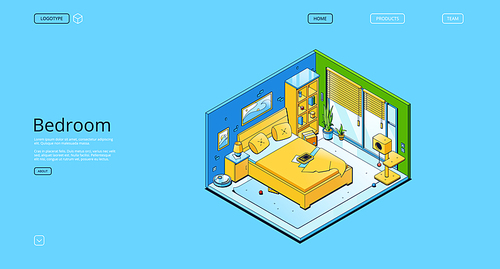 Bedroom isometric landing page, home interior with bed stand front of large windows, cat home and toys, shelves and robot vacuum cleaner. Modern apartment with furniture, 3d vector line art web banner