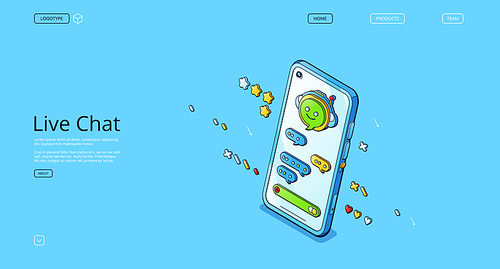 Live chat banner. Online conversation with customer support, mobile phone app for talk with service center. Vector landing page with isometric illustration of messenger interface on smartphone screen