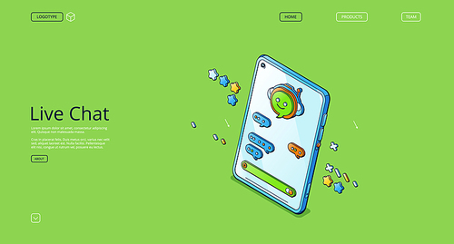 Live chat isometric landing page, online clients support, operator service, hotline communication. Smartphone with dialogue window on screen, messenger application for customers, 3d vector web banner