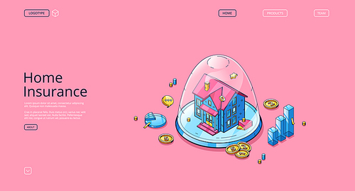 Home insurance banner. Concept of real estate finance safety, property guarantee. Vector landing page of insurance service with isometric house in protection glass dome, money and graph