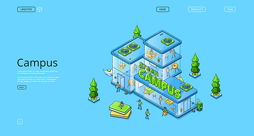 Green campus isometric landing page, people work and study in modern glass building, university, coworking office, creative workplace for students or business employees, 3d Vector line art web banner